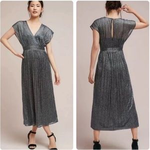 Anthropologie Moulinette Soeurs Pleated Metallic Wrap Blue Shimmer Midi- NYE